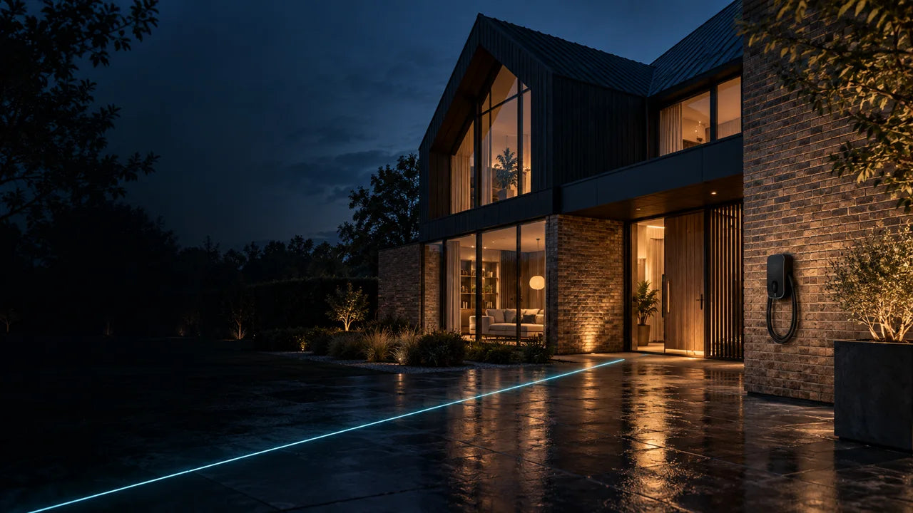 Architecturale visualisatie van een moderne woning met designverlichting en laadpunt